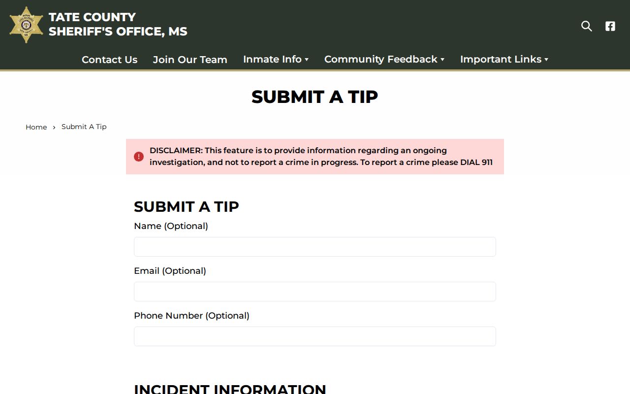 Tate County Sheriff official tip interface